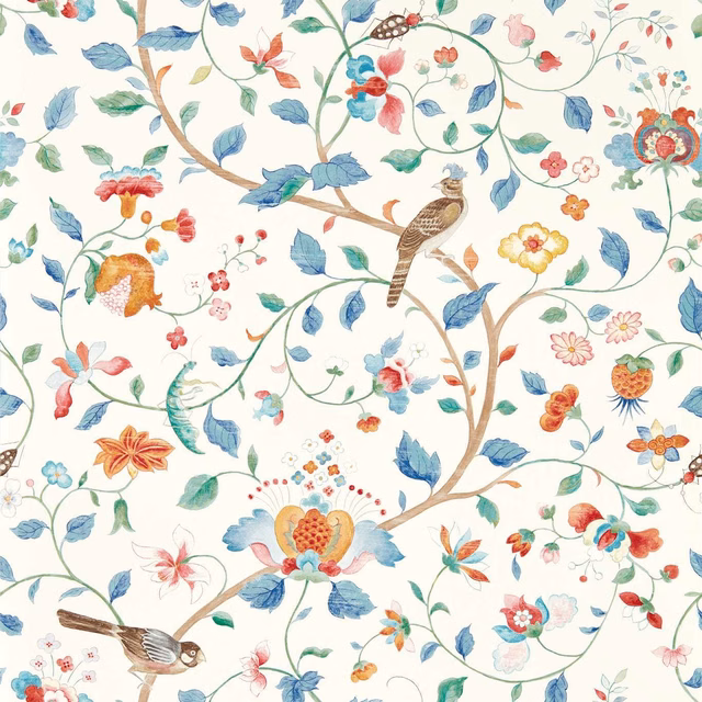 Cream wallpaper with indigo leaves, coral flowers, birds and curling botanical branches