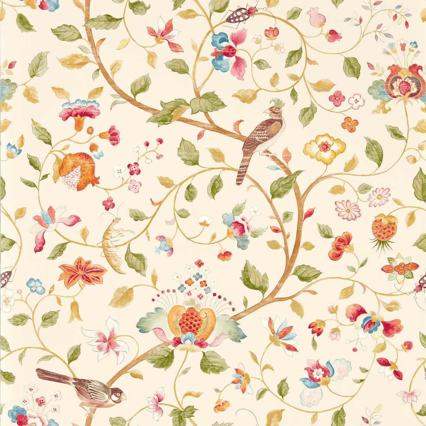 Cream wallpaper with olive branches, mulberry berries, birds and fine botanical flowers