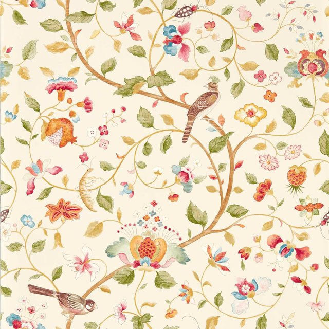 Cream wallpaper with olive branches, mulberry berries, birds and fine botanical flowers