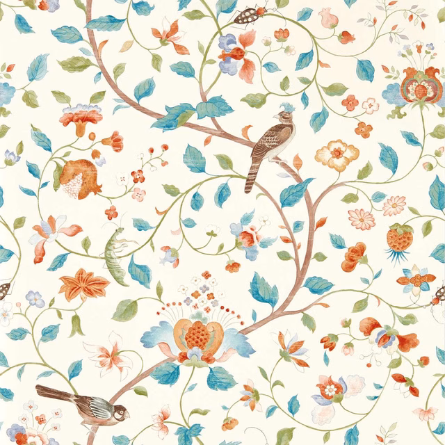 Ivory botanical wallpaper with teal leaves, russet flowers, birds and winding branches