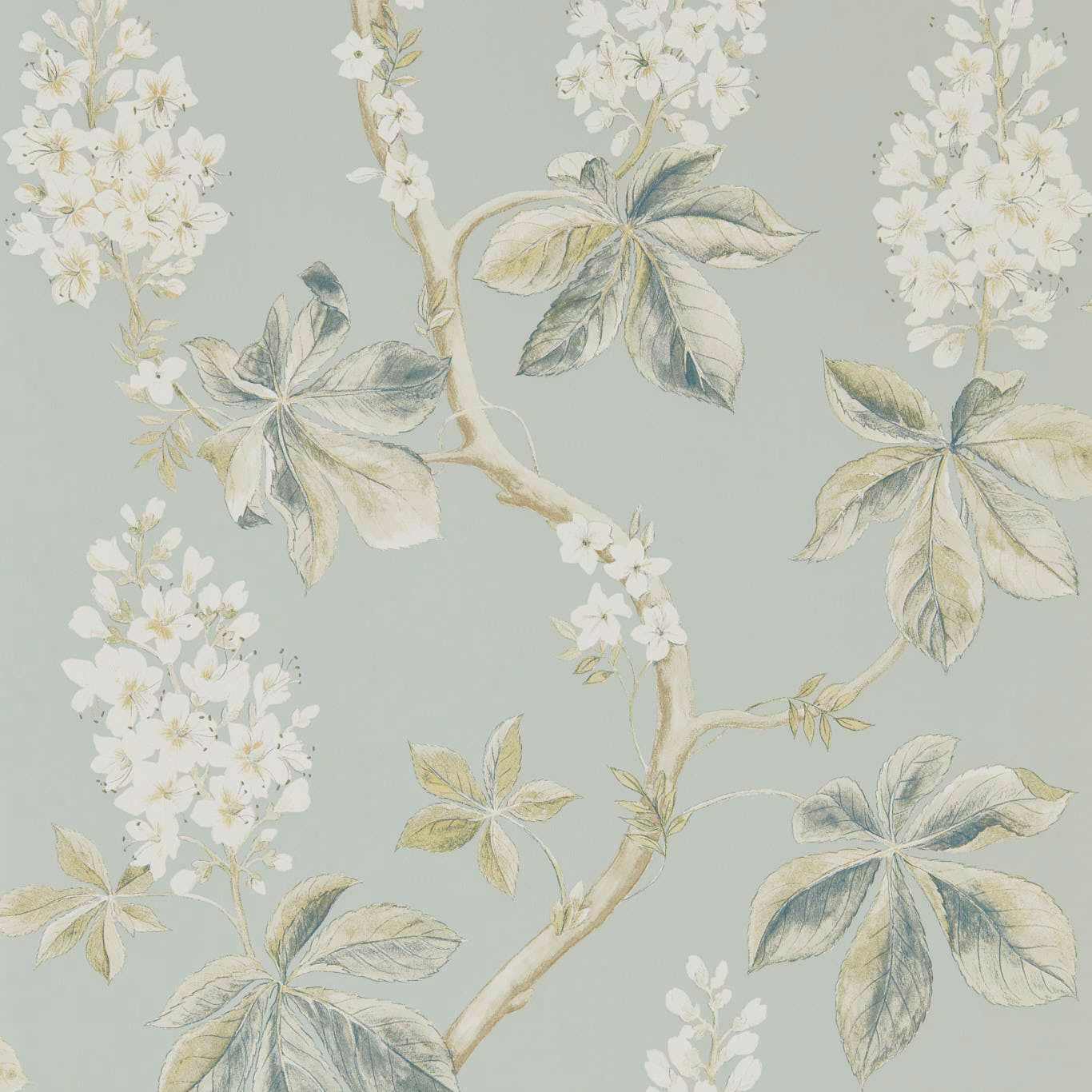Muted sage-blue wallpaper with cream blossom sprays and blue-grey chestnut leaves