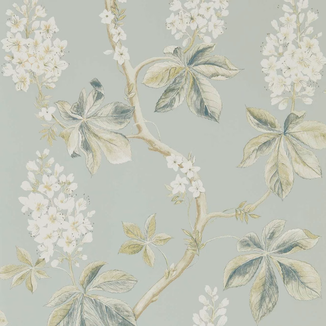 Muted sage-blue wallpaper with cream blossom sprays and blue-grey chestnut leaves