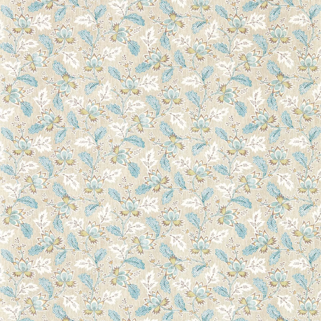 Warm fawn wallpaper with dense blue, sage and ochre floral sprigs