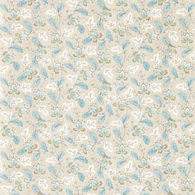Warm fawn wallpaper with dense blue, sage and ochre floral sprigs