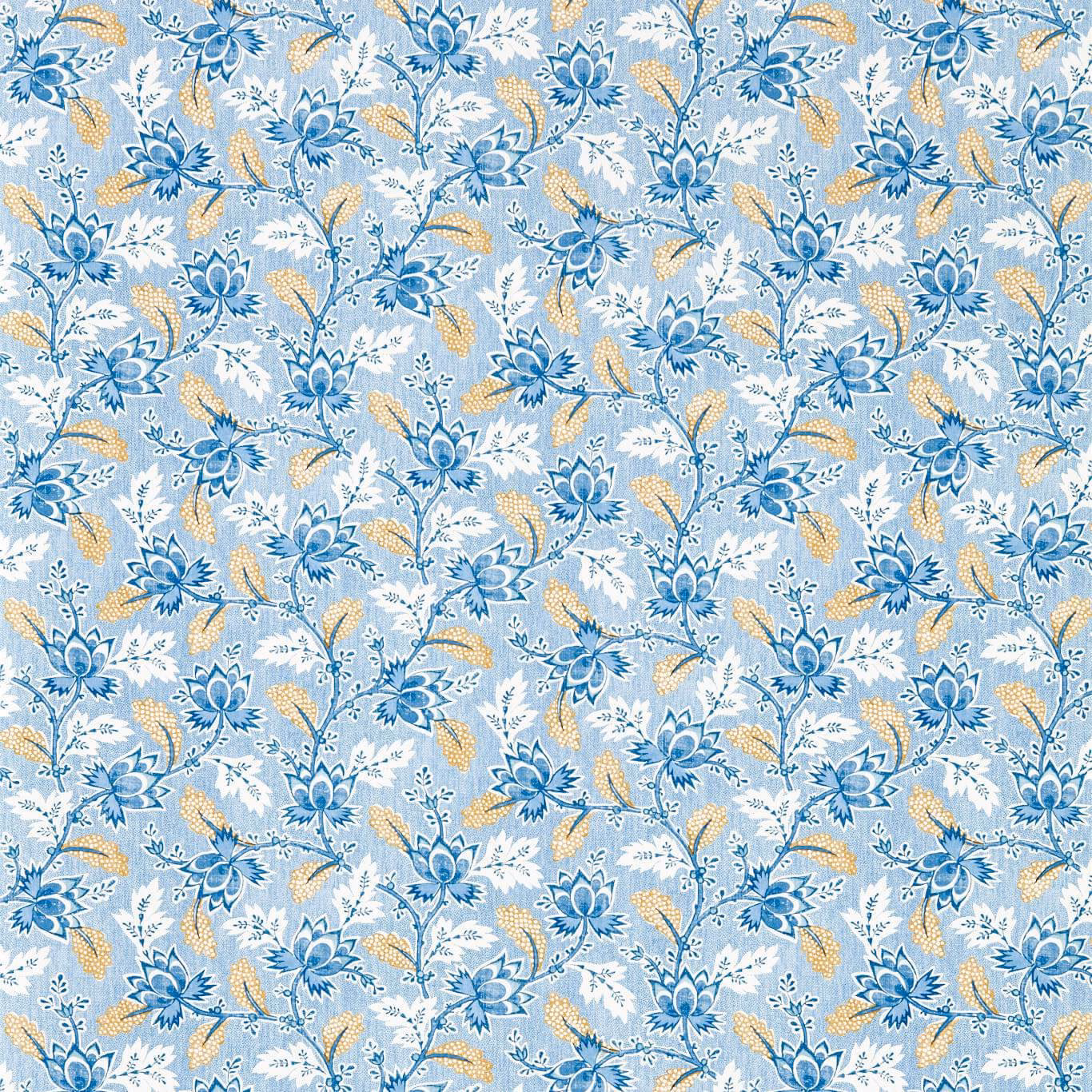 Indigo and pale blue floral wallpaper with cream and ochre botanical accents