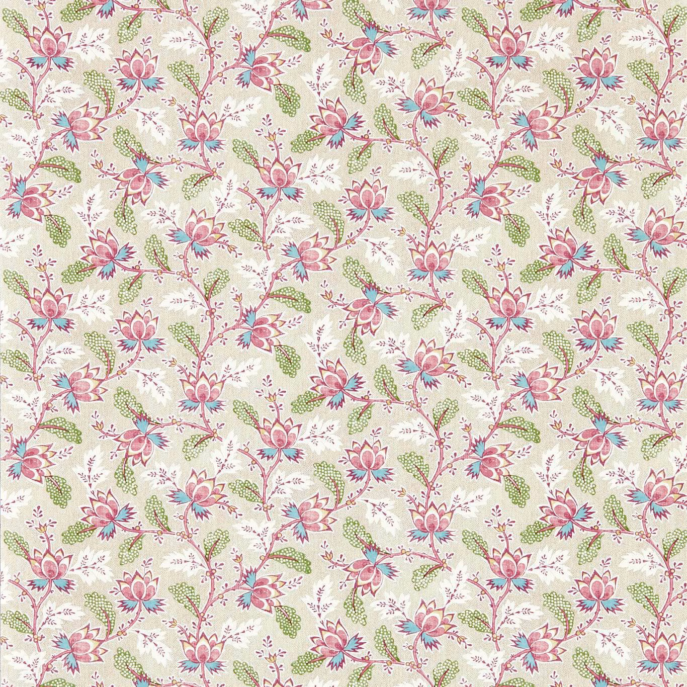 Cream wallpaper with pink wild roses, blue accents, green leaves and curling stems