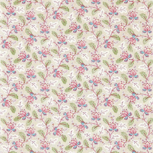 Cream wallpaper with pink wild roses, blue accents, green leaves and curling stems