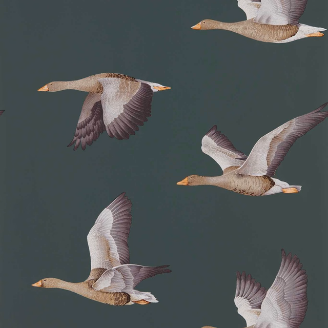 Amsterdam Green wallpaper showing flying geese in cream, taupe and plum tones