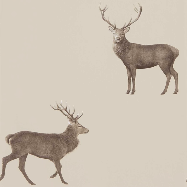 Brown-grey stags on a warm birch beige illustrated wallpaper background