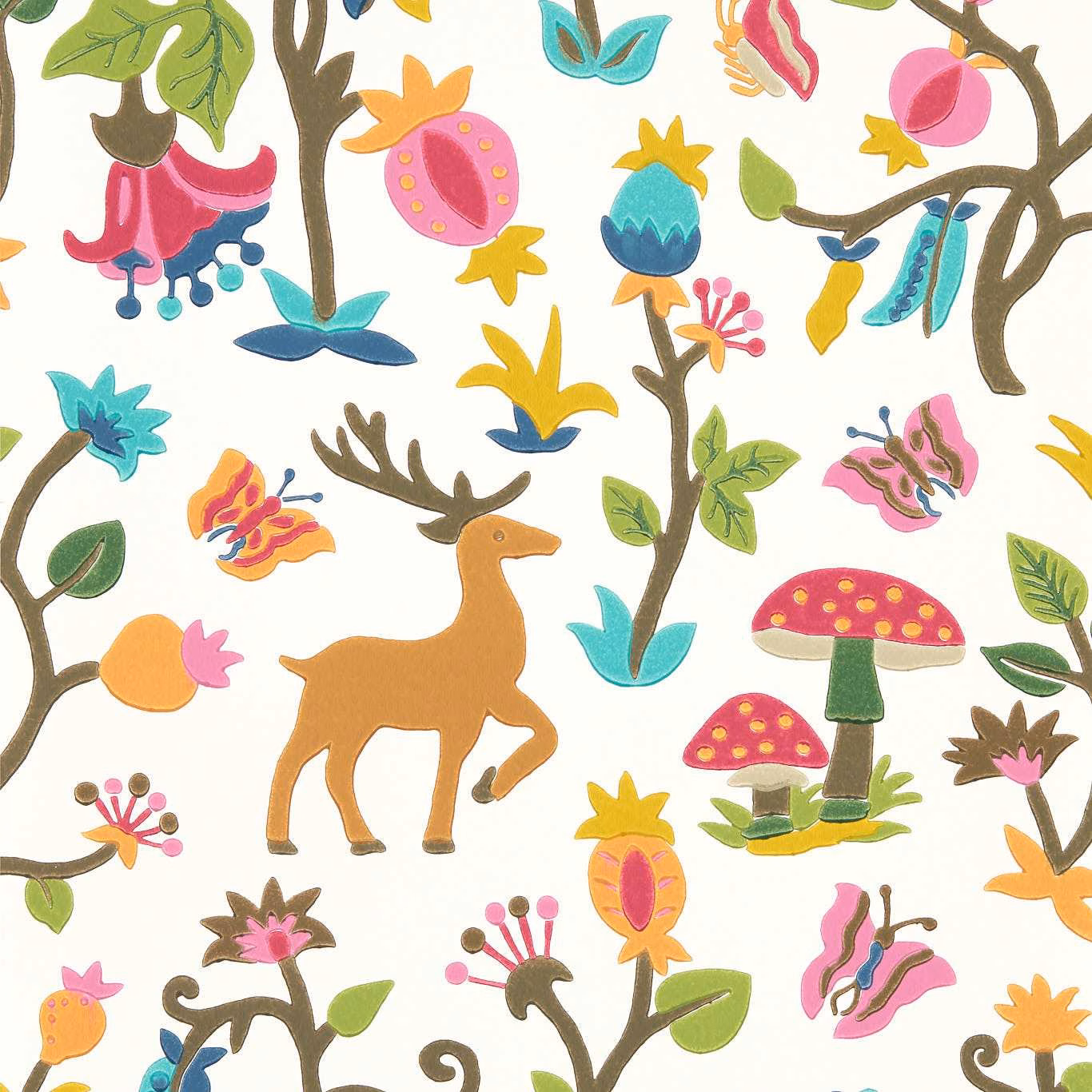 Bright ivory wallpaper with orange deer, pink mushrooms and colourful woodland branches