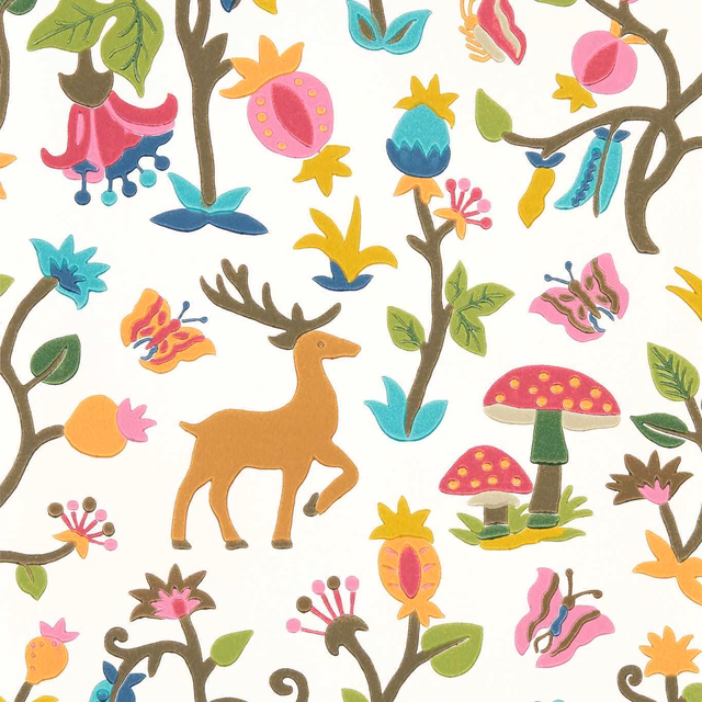 Bright ivory wallpaper with orange deer, pink mushrooms and colourful woodland branches