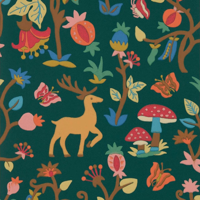 Deep forest-green wallpaper with coral flowers, blue leaves, deer and mushrooms