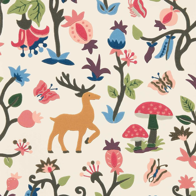 Ivory woodland wallpaper with mulberry flowers, blue leaves, ochre deer and red mushrooms