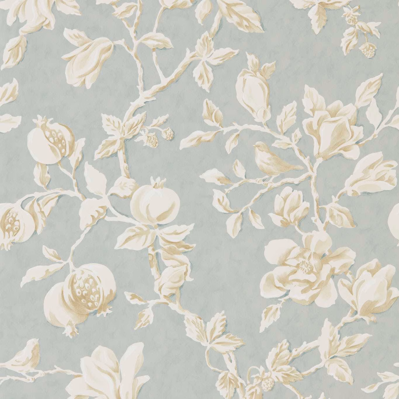 Muted grey-blue wallpaper with parchment magnolias, pomegranates and branching stems
