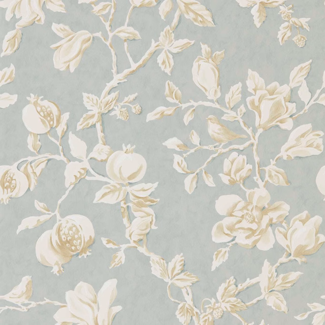 Muted grey-blue wallpaper with parchment magnolias, pomegranates and branching stems
