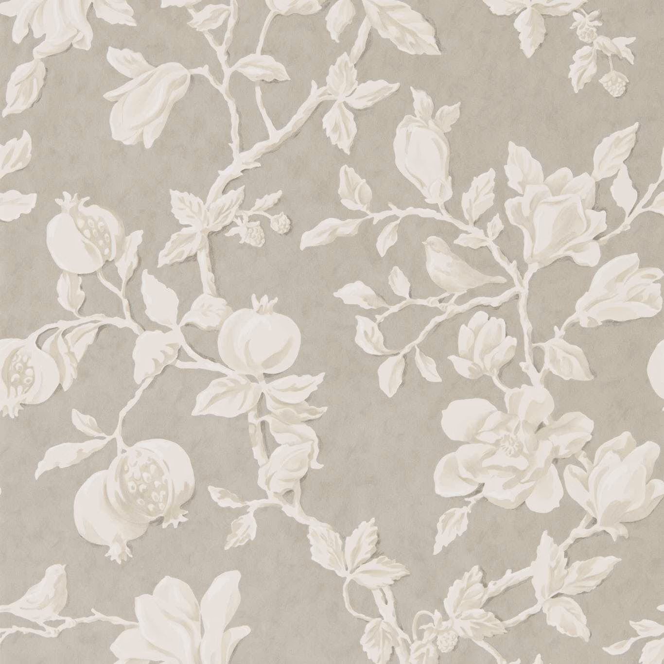 Ivory magnolia and pomegranate branches on a muted silver-grey wallpaper ground