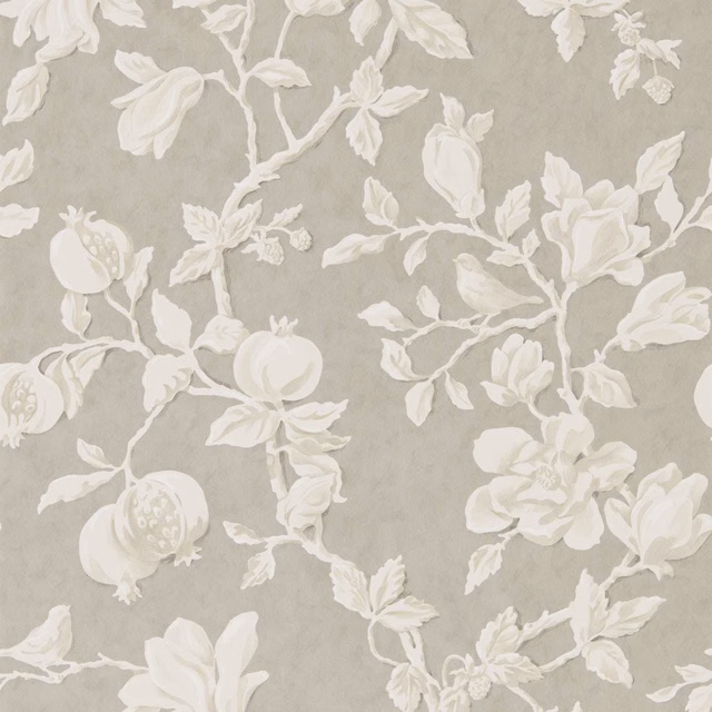 Ivory magnolia and pomegranate branches on a muted silver-grey wallpaper ground