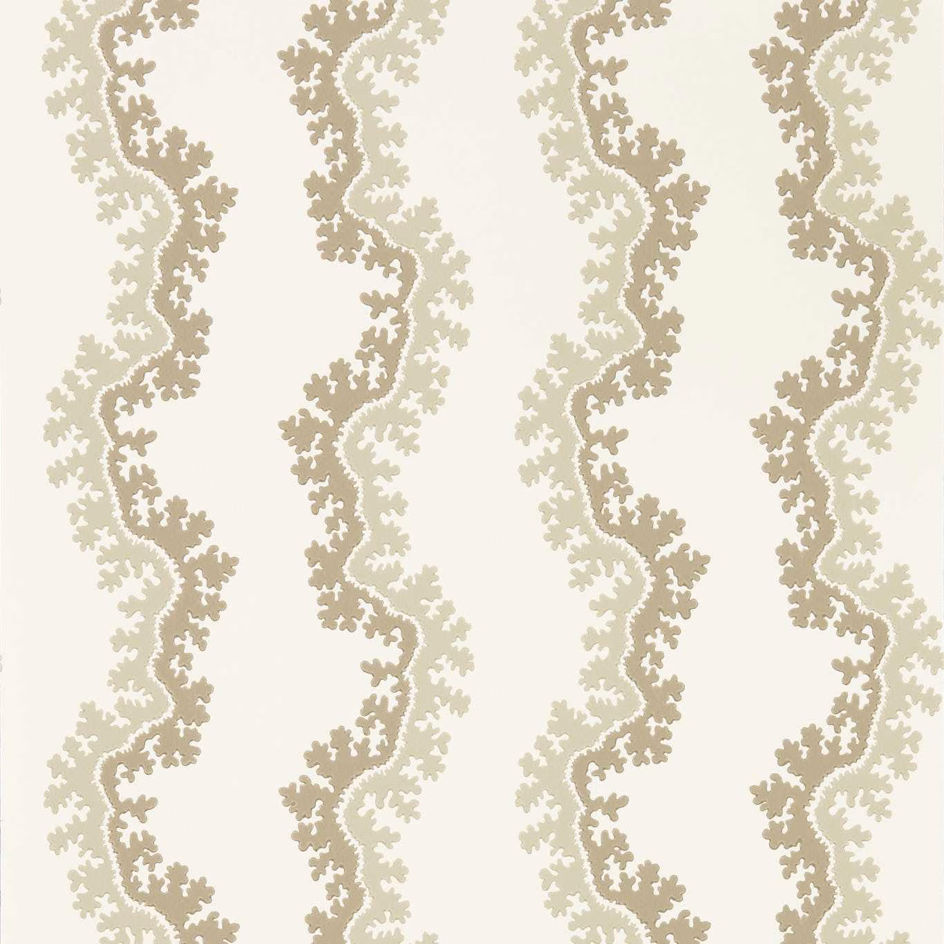 Ivory wallpaper with vertical taupe and pale sage coral-like botanical trails
