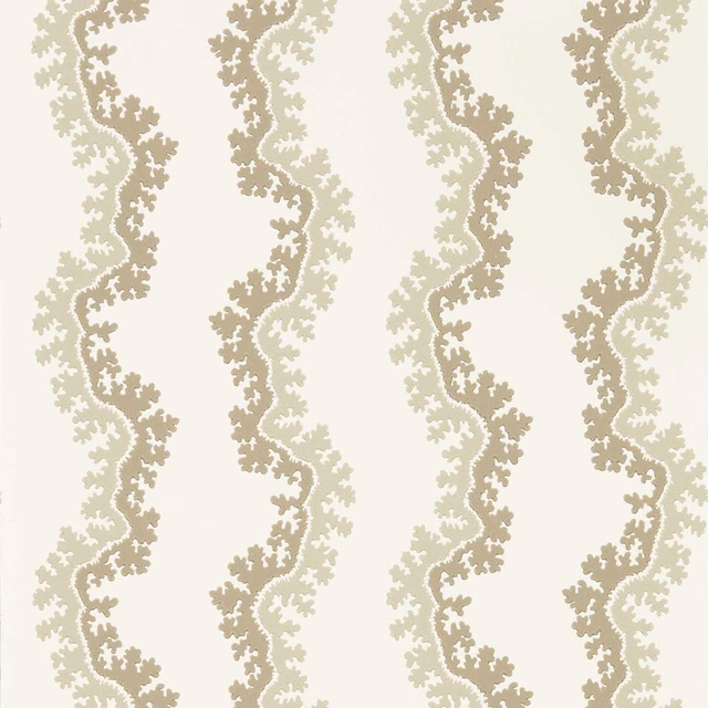 Ivory wallpaper with vertical taupe and pale sage coral-like botanical trails