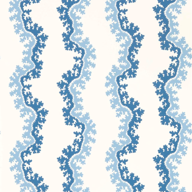 Cream wallpaper with indigo and pale blue sinuous branching vertical motifs