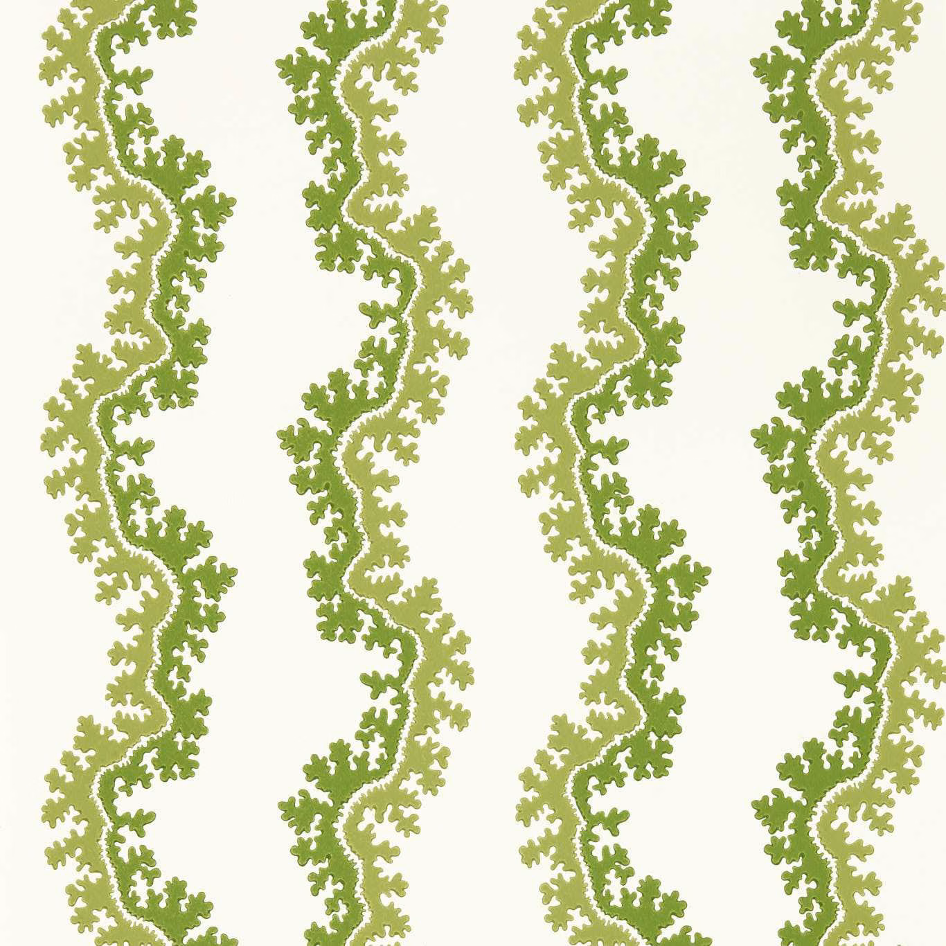 Cream wallpaper with alternating olive-green leafy serpentine trails