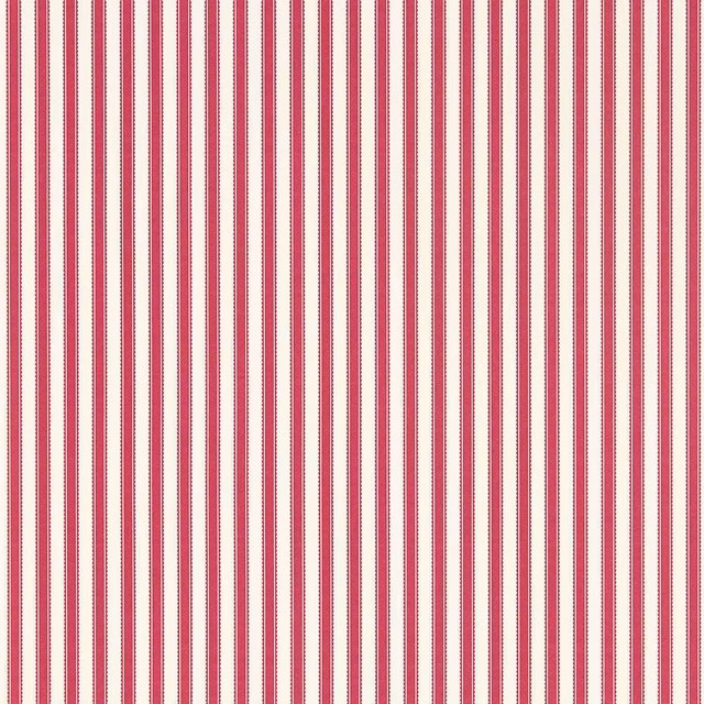 Fine vertical mulberry and pink stripes on a warm cream wallpaper ground