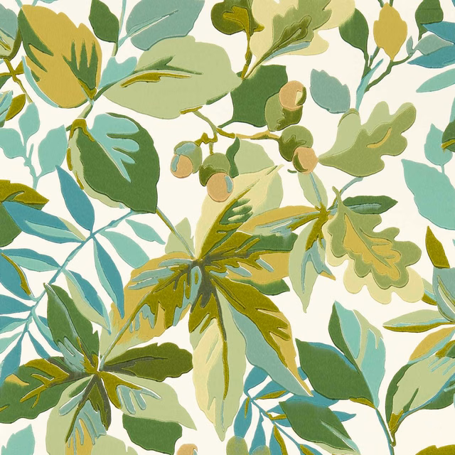 Cream botanical wallpaper with layered green, teal and mustard leaves