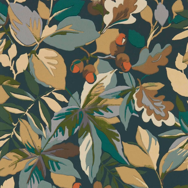 Deep forest green botanical wallpaper with sage leaves, ochre petals and terracotta berries