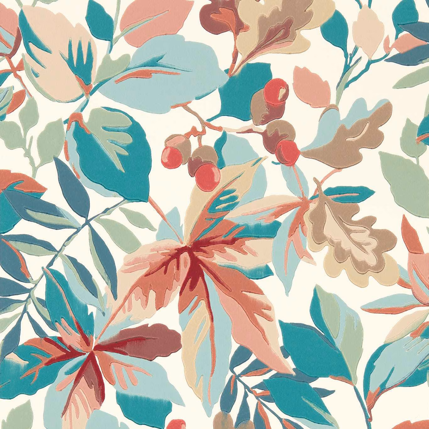 Warm ivory botanical wallpaper with teal leaves, coral blooms and burgundy berries