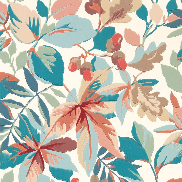 Warm ivory botanical wallpaper with teal leaves, coral blooms and burgundy berries