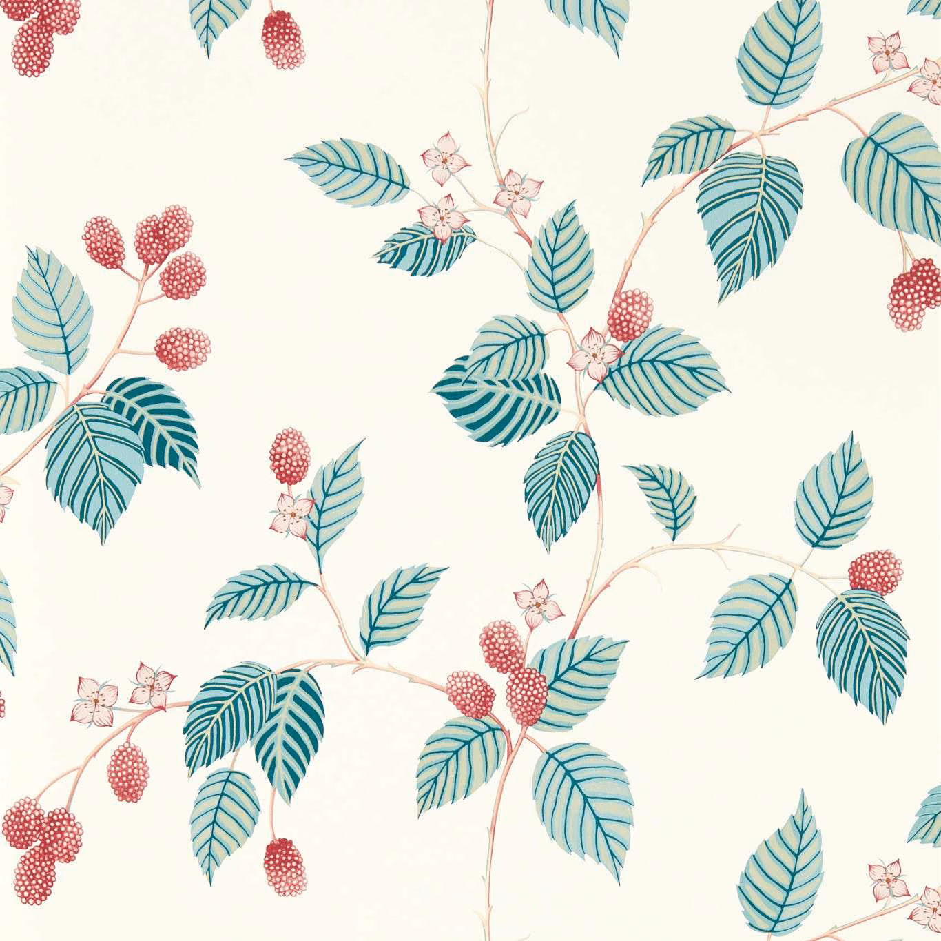 Warm cream wallpaper with raspberry berries, teal leaves, pink blossoms and fine stems