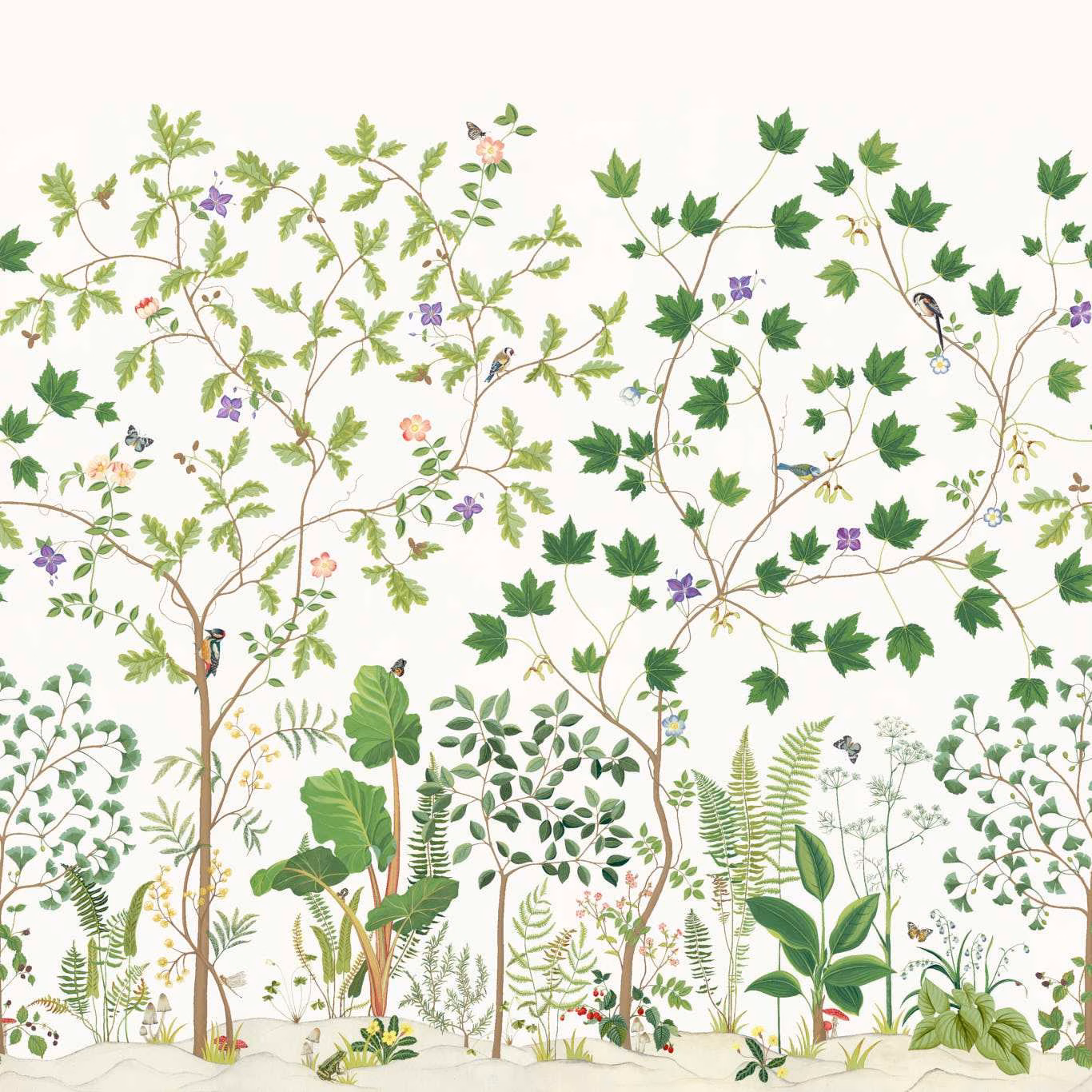 Ivory botanical wallpaper with layered green leaves, ferns, fine stems and tiny flowers