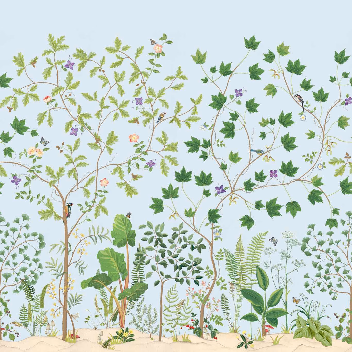 Pale sky-blue wallpaper with climbing branches, ferns, flowers and layered green foliage
