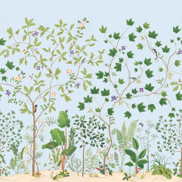 Pale sky-blue wallpaper with climbing branches, ferns, flowers and layered green foliage