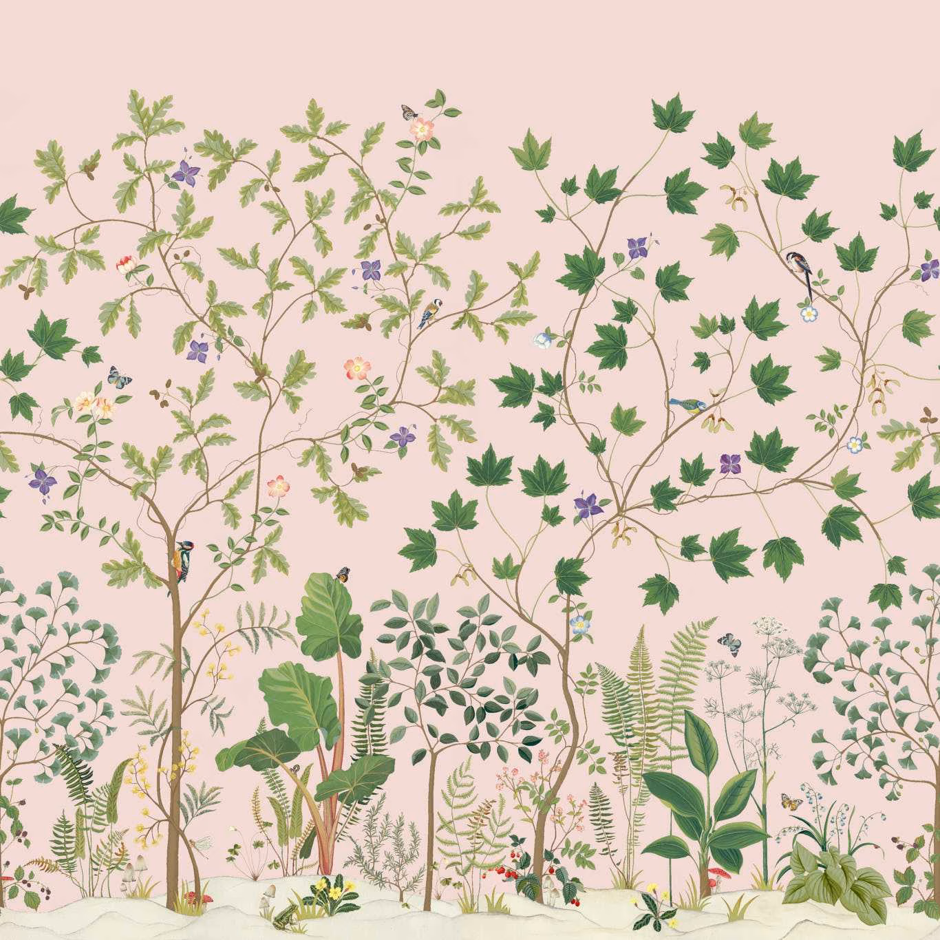 Dusty blush botanical wallpaper with climbing branches, ferns and scattered wildflowers