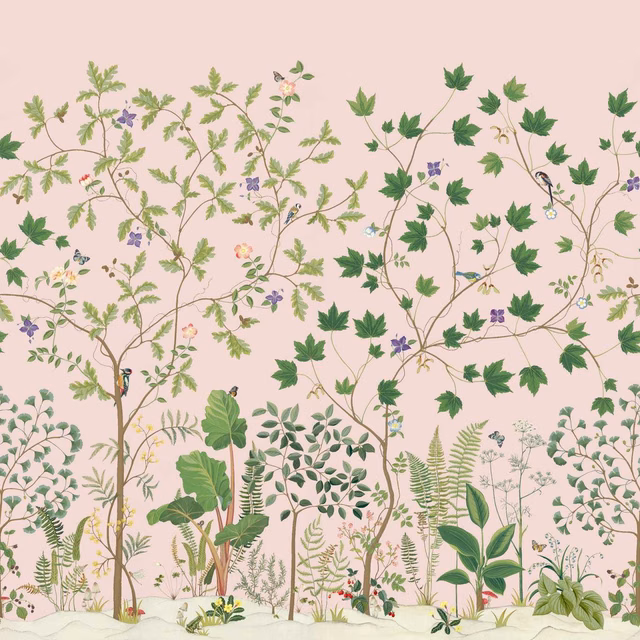 Dusty blush botanical wallpaper with climbing branches, ferns and scattered wildflowers