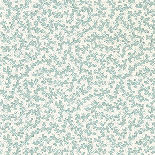 Pale cream wallpaper with dense soft blue-green branching organic tracery
