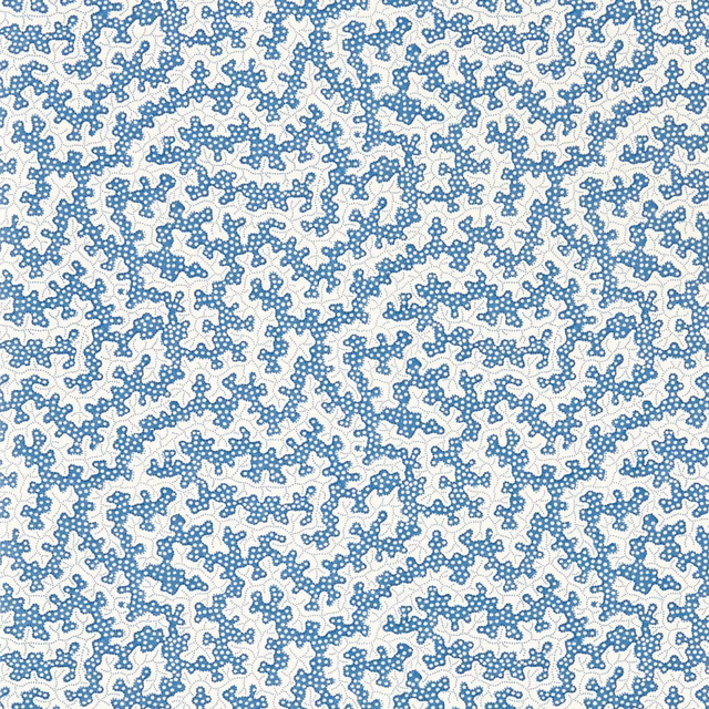 Dense stippled indigo-blue organic tracery on a warm ivory wallpaper ground