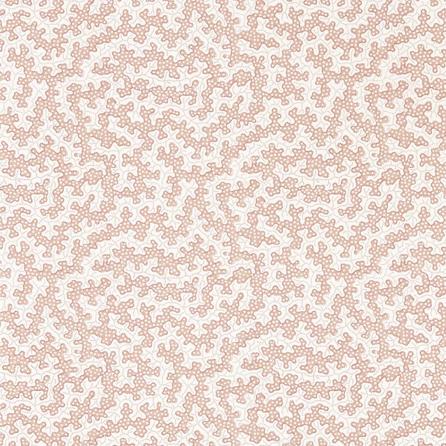 Warm cream wallpaper with fine dusty-blush branching tracery and stippled texture