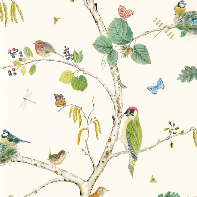 Warm ivory wallpaper with illustrated tree branches, birds, butterflies and green leaves