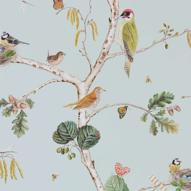 Pale sky blue wallpaper with illustrated green woodpecker, birds, branches and butterflies