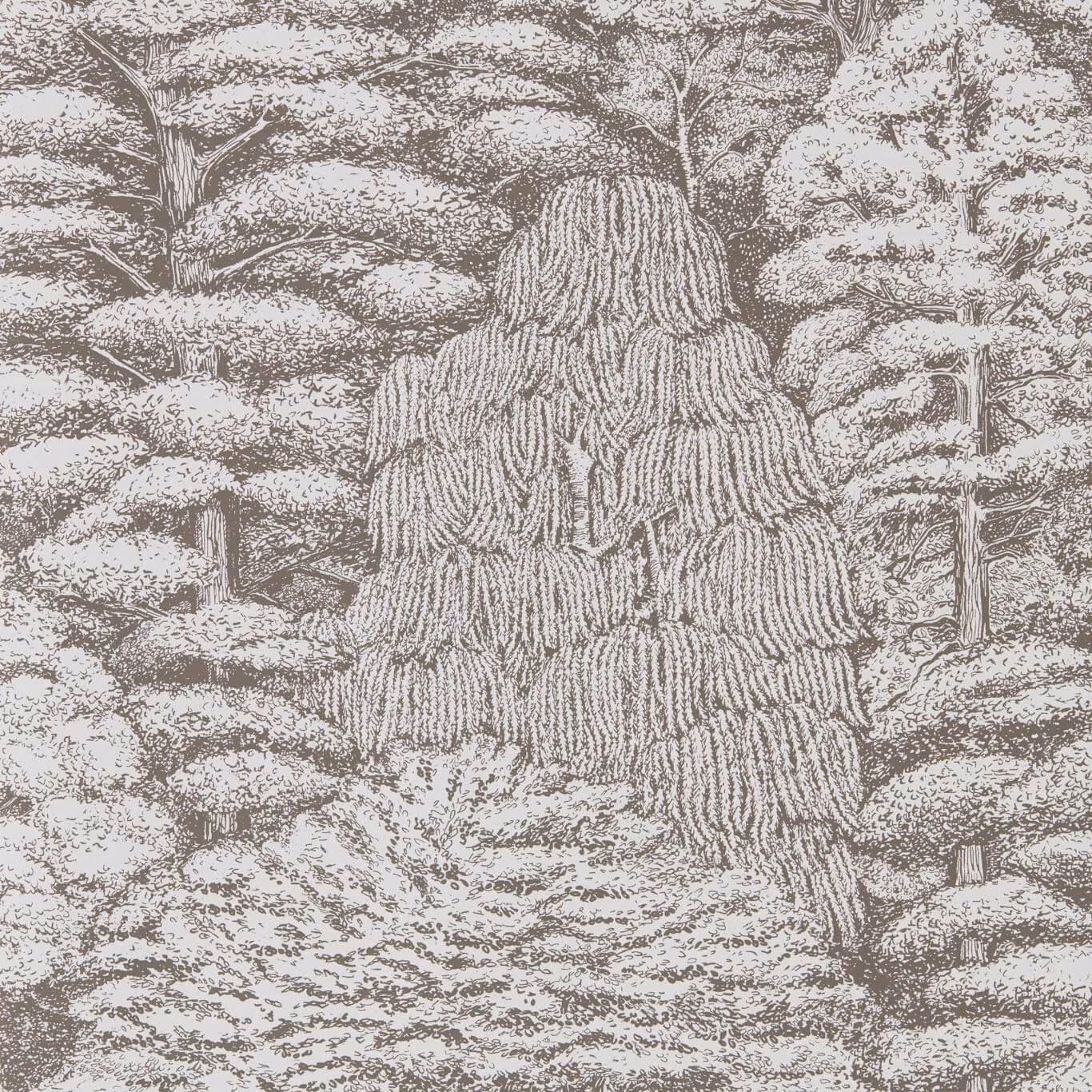 Ivory wallpaper with charcoal etched woodland, trees and a cascading central tree