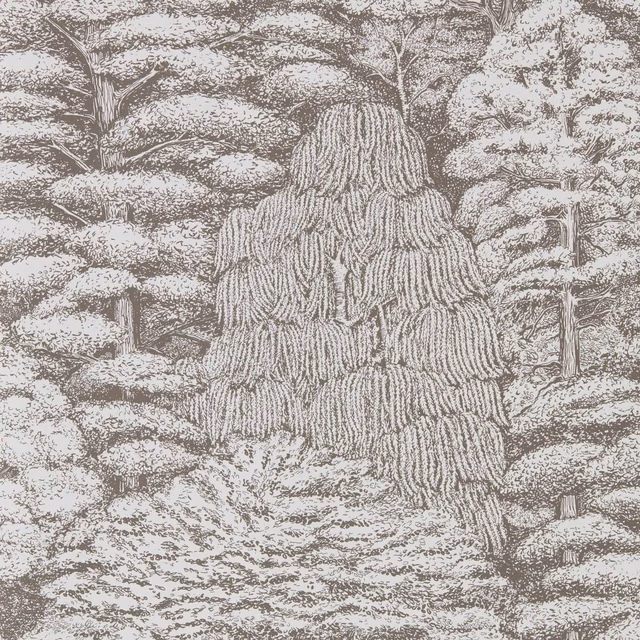 Ivory wallpaper with charcoal etched woodland, trees and a cascading central tree