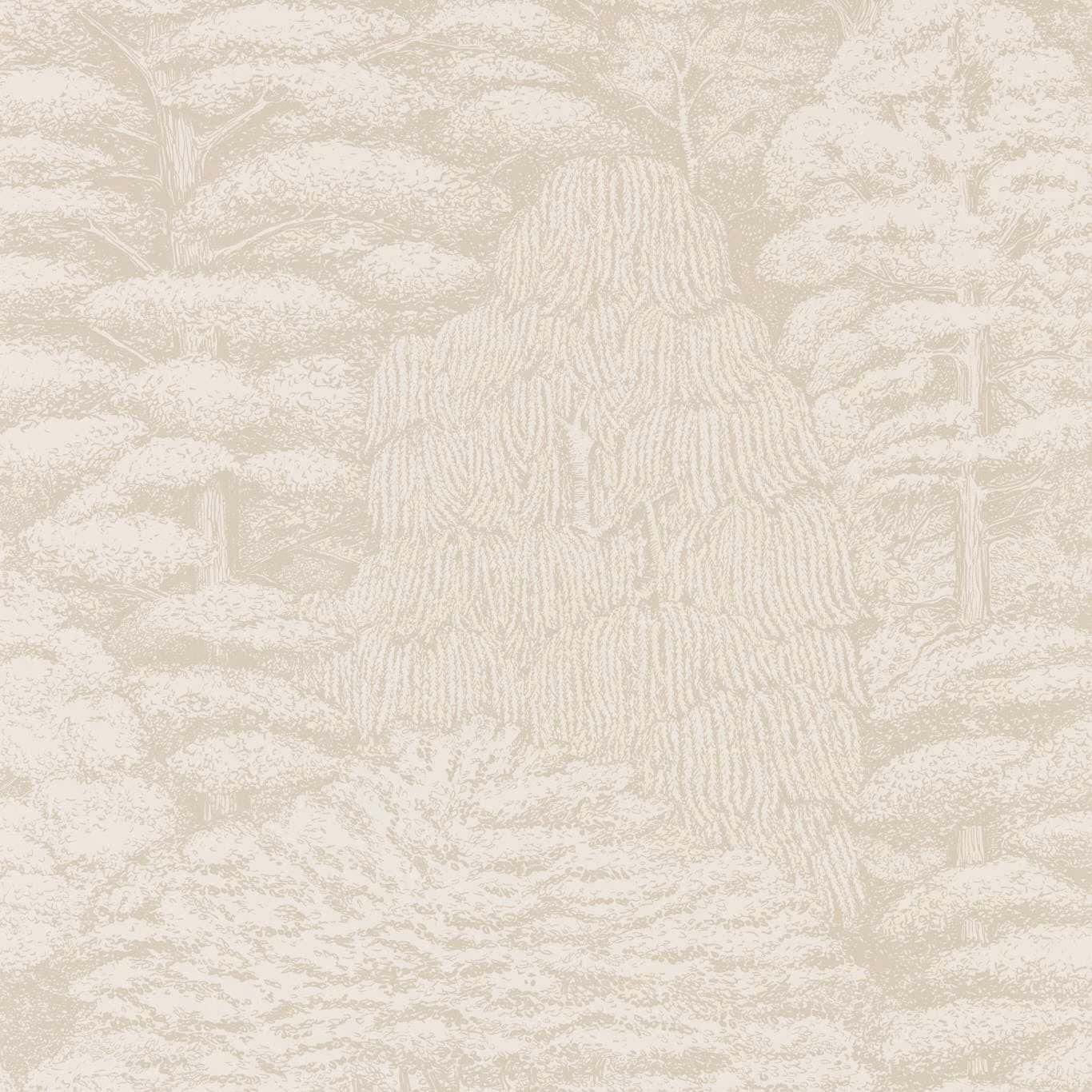 Ivory wallpaper with pale neutral woodland toile, tree stump and layered foliage