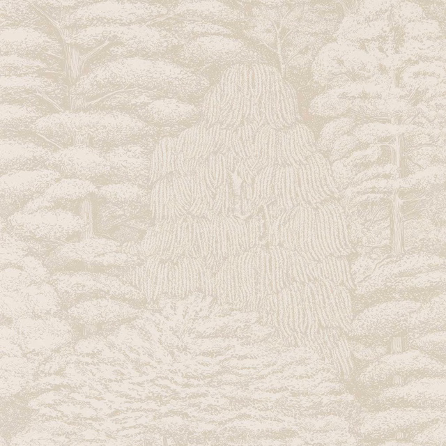 Ivory wallpaper with pale neutral woodland toile, tree stump and layered foliage