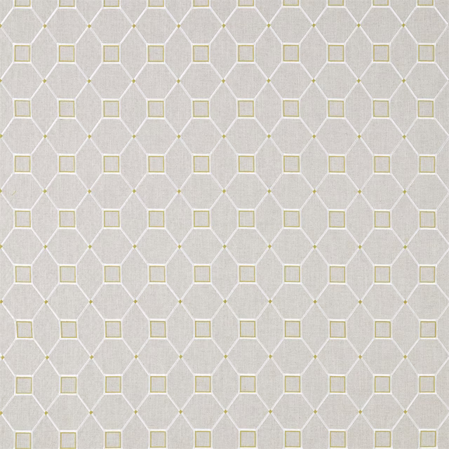 Pale linen geometric fabric with daffodil trellis and small square motifs