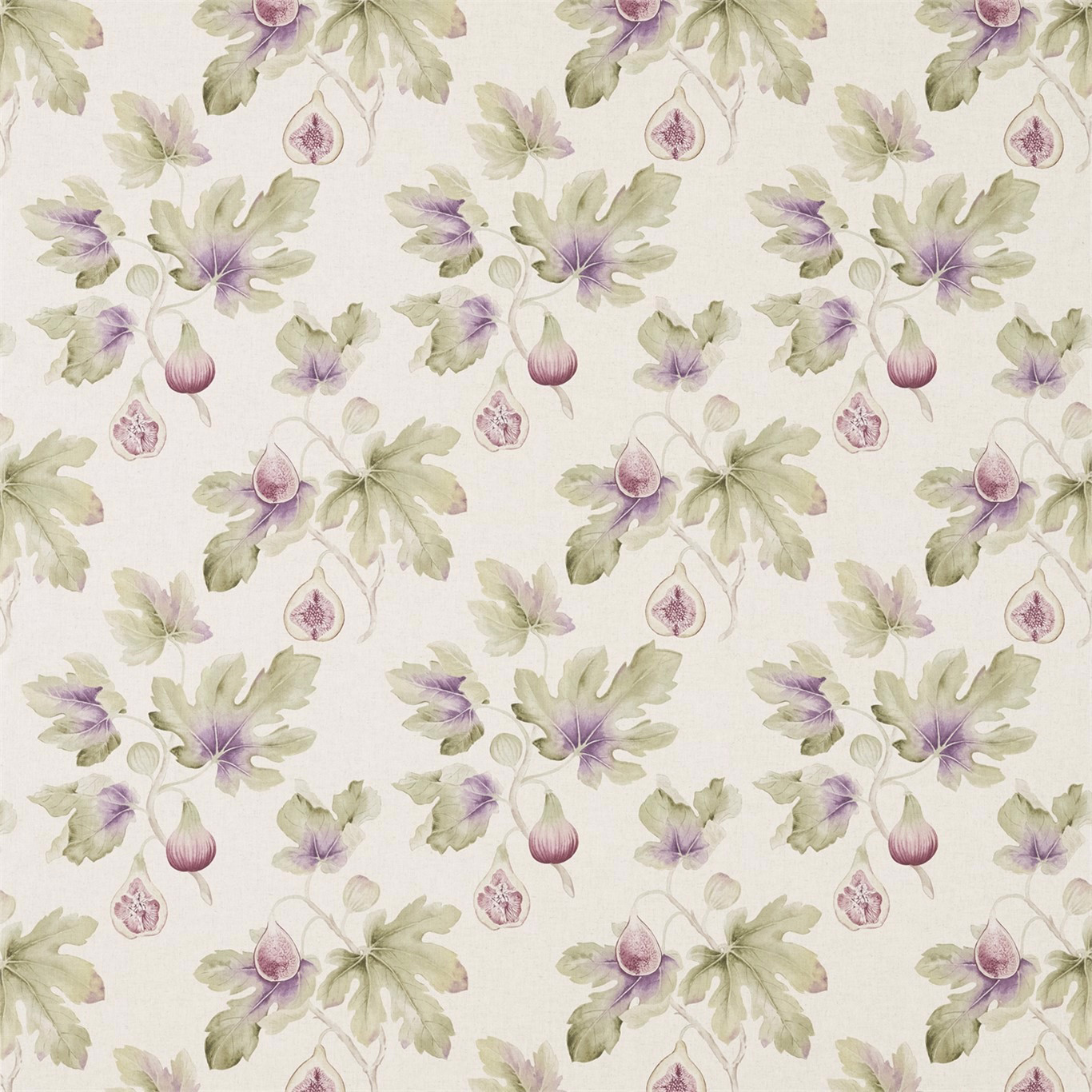 Printed fig and leaf motif in sage green and plum on a pale ground