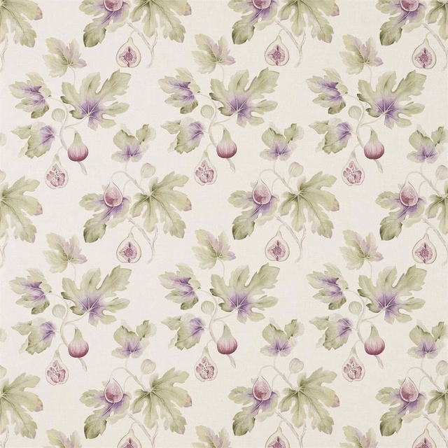 Printed fig and leaf motif in sage green and plum on a pale ground