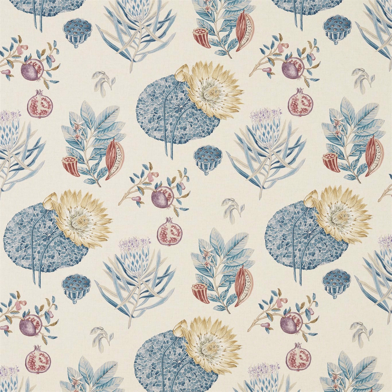 Printed botanical fabric on cream ground with indigo-blue leaves and ruby berry motifs