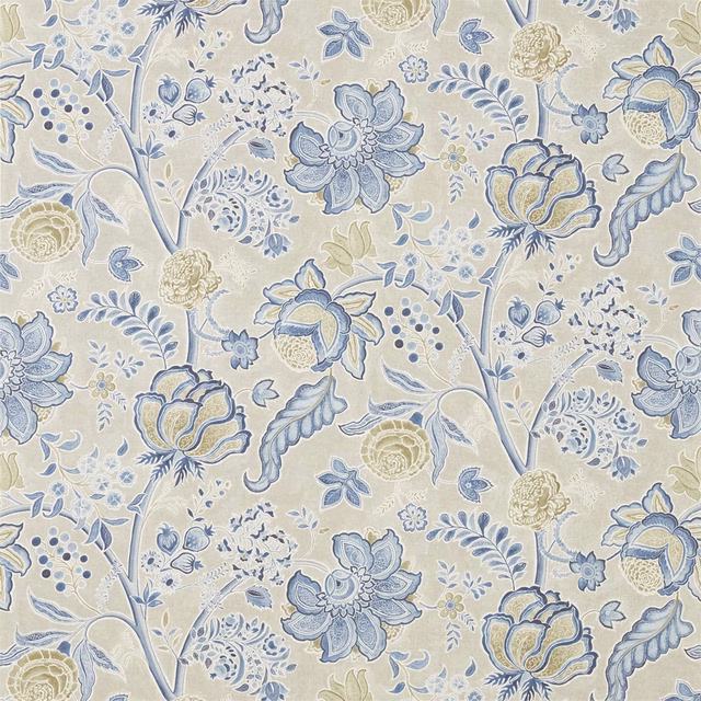 Blue and cream botanical floral fabric on a pale linen ground, close-up swatch